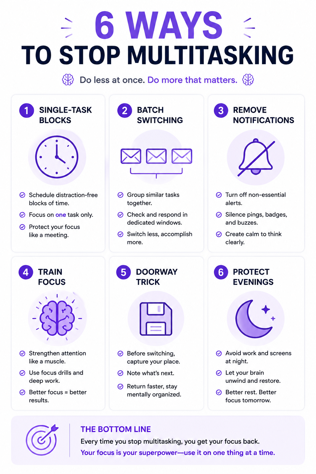 Six evidence-based strategies to stop multitasking and protect your memory: single-task blocks, batched switching, notification removal, focus training, the doorway trick, and protected evenings."