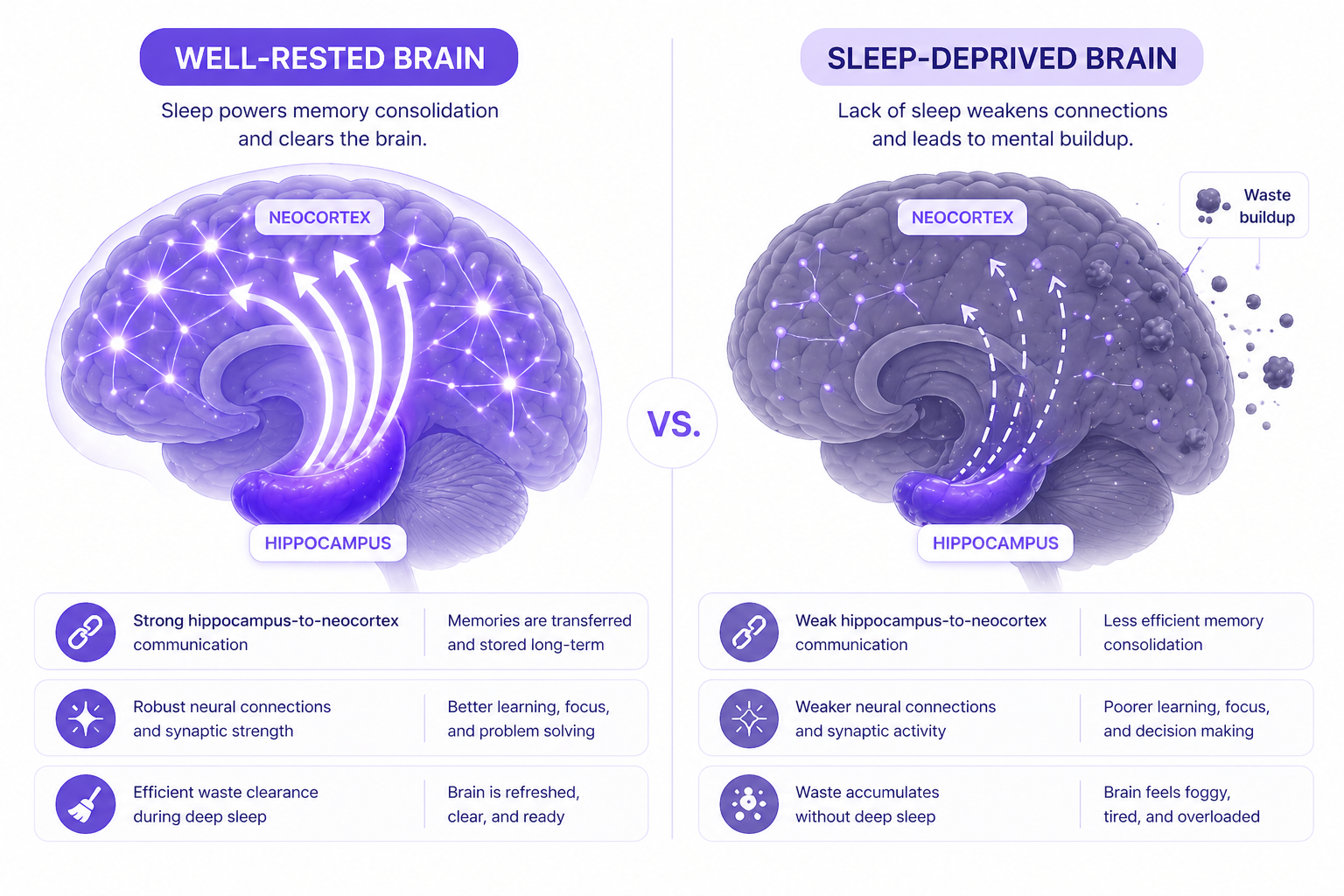 Comparison of a well-rested brain with strong memory consolidation pathways versus a sleep-deprived brain with disrupted memory processing and waste accumulation