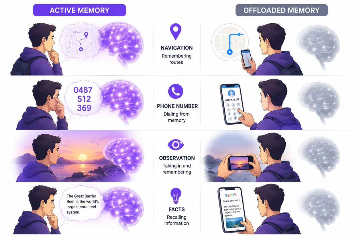 Four comparisons of active memory versus cognitive offloading: spatial navigation, social recall, experiential encoding, and factual knowledge.