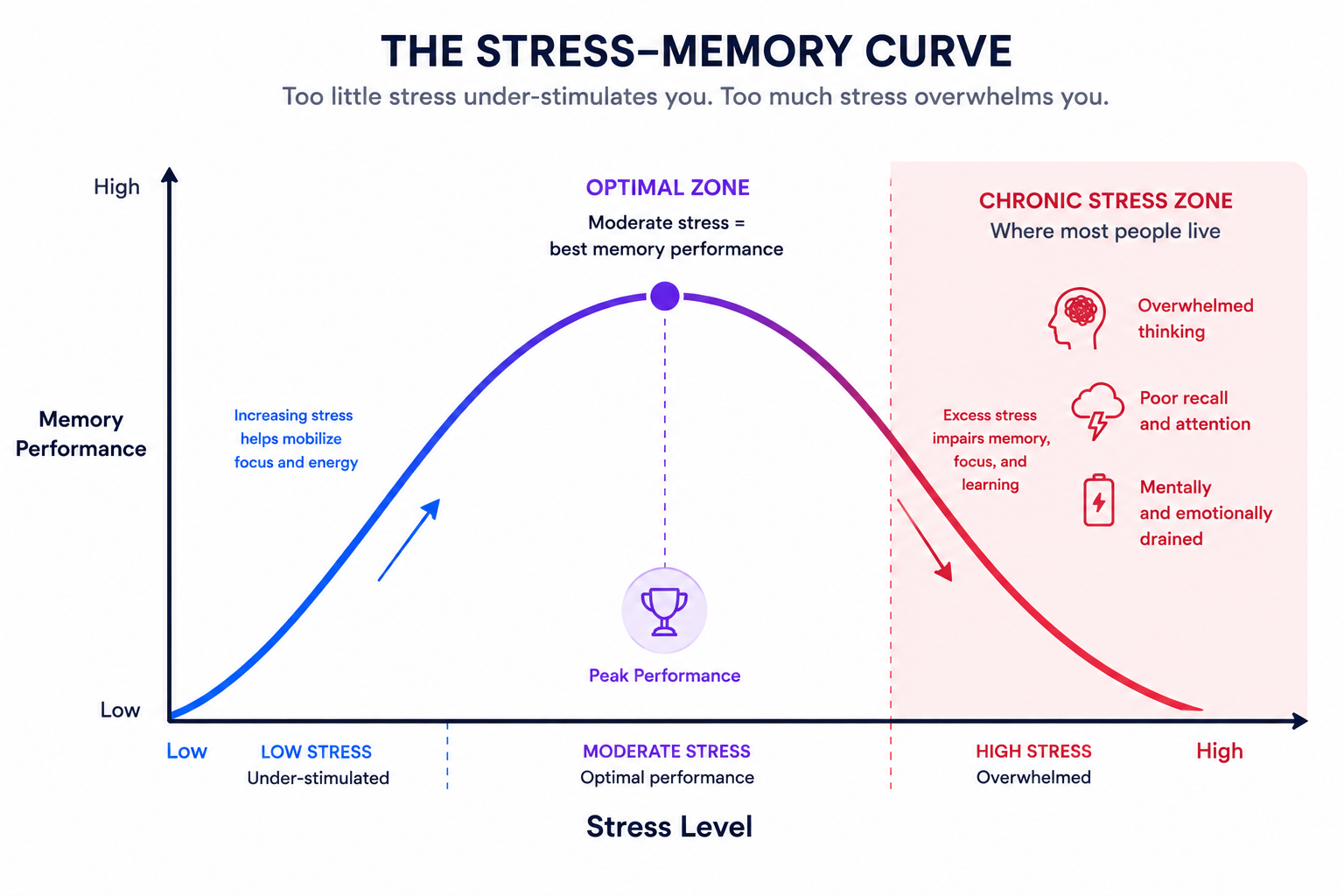 Inverted U curve showing the relationship between stress and memory performance, with optimal memory at moderate stress levels and impairment at both low and high stress levels.