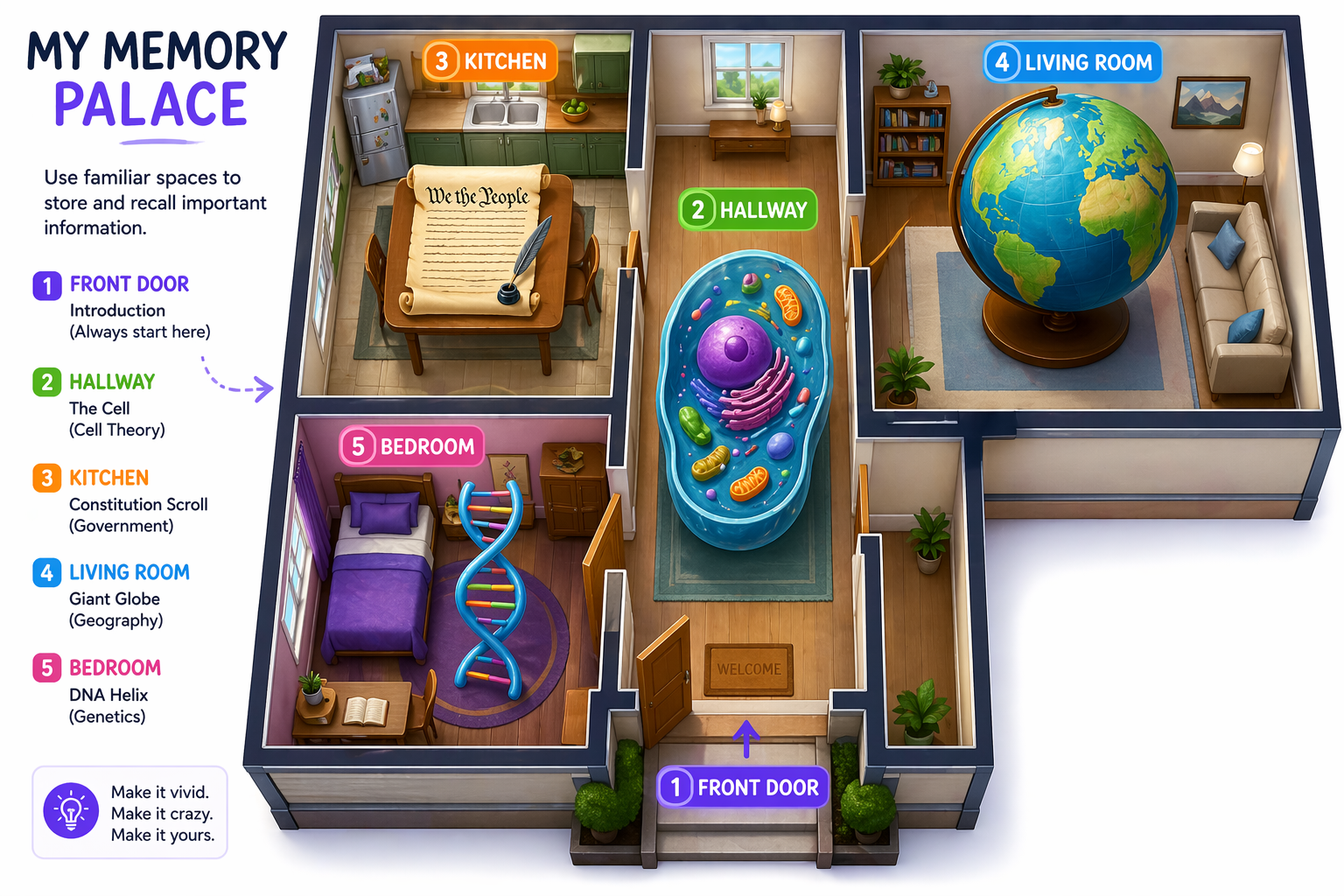 Illustration of the Memory Palace study technique showing concepts placed at specific locations in a house floor plan.