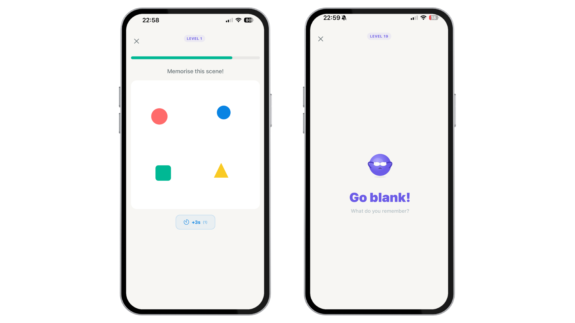 Blanked gameplay showing a colourful visual memory scene with shapes during the study phase, alongside the Go Blank transition screen