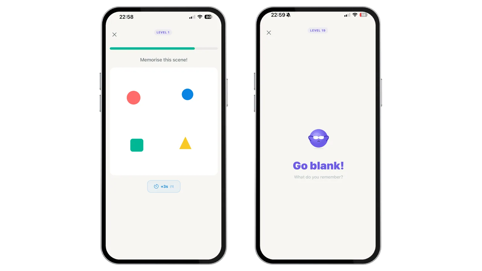 Blanked gameplay showing a colourful visual memory scene with shapes during the study phase, alongside the Go Blank transition screen