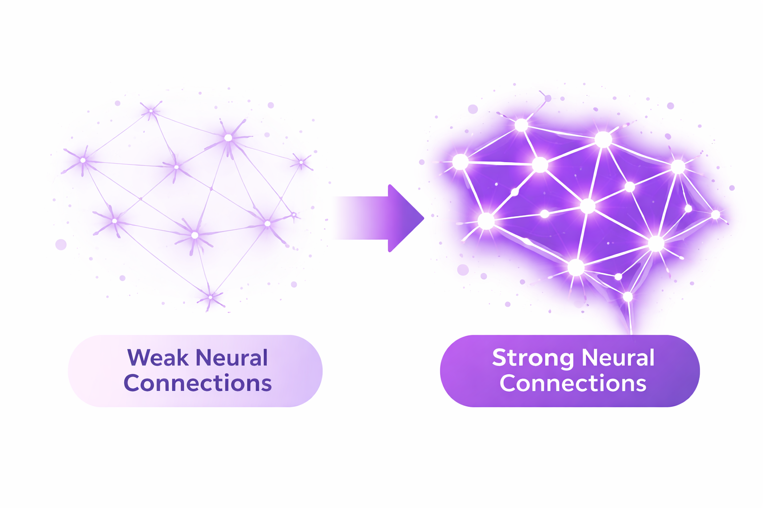 Illustration showing neural connections strengthening after repeated memory training, from thin and faded to thick and bright.