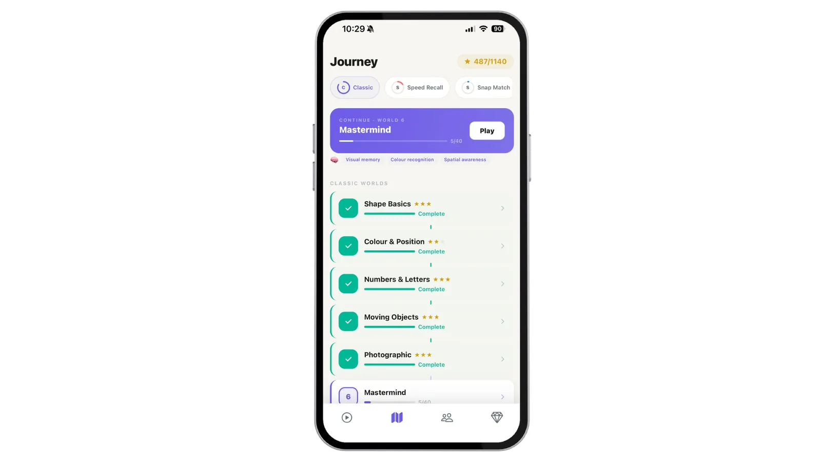 The 6 game modes in Blanked: Classic, Speed Recall, Snap Match, Sequence, Counting Blitz, and Colour Chain, each targeting a different visual memory skill