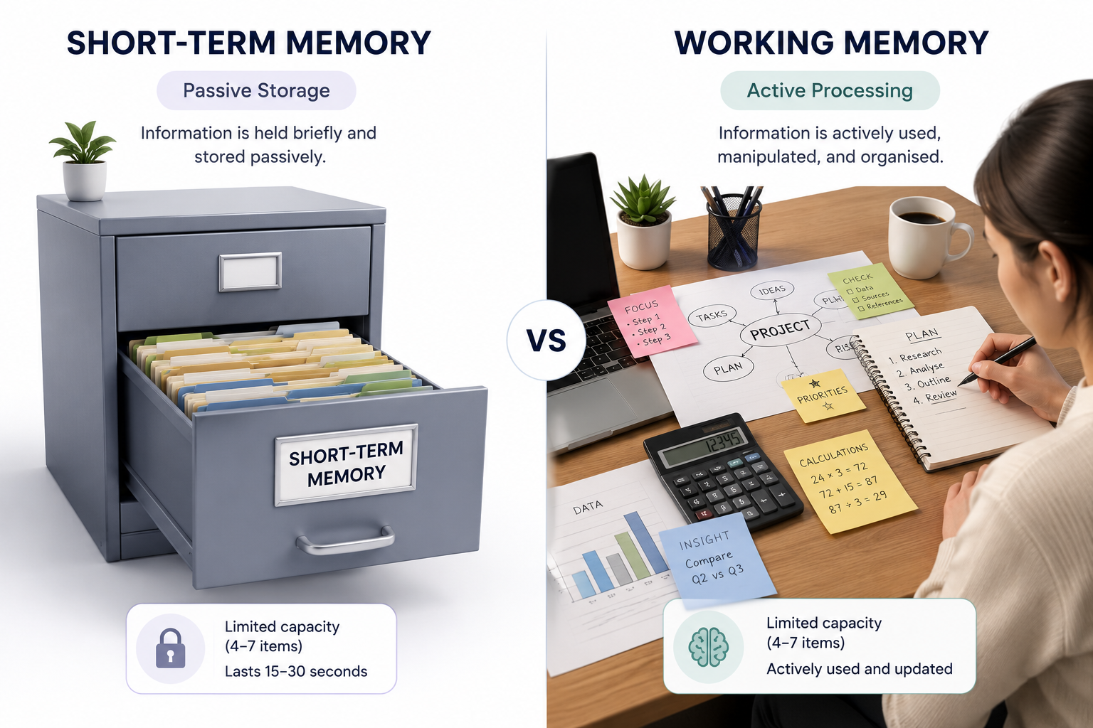 Visual comparison of short-term memory as passive storage versus working memory as an active processing workspace