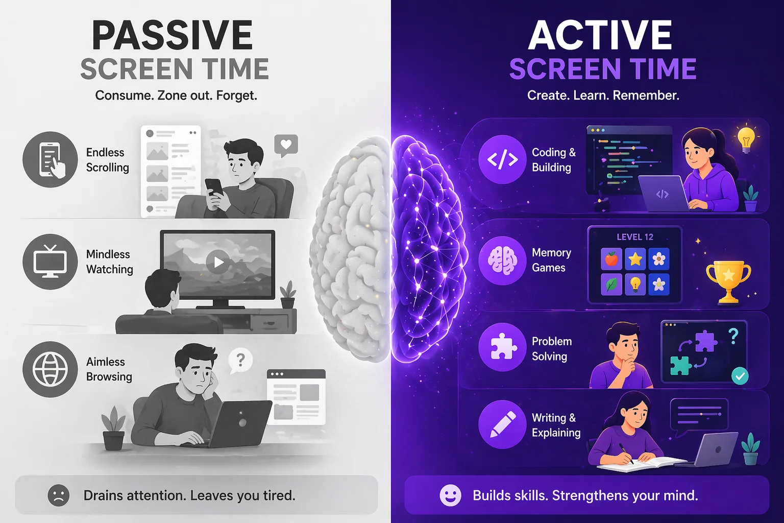 Comparison of passive screen time (scrolling, TV, browsing) versus active screen time (coding, memory games, problem-solving) and their effects on the brain