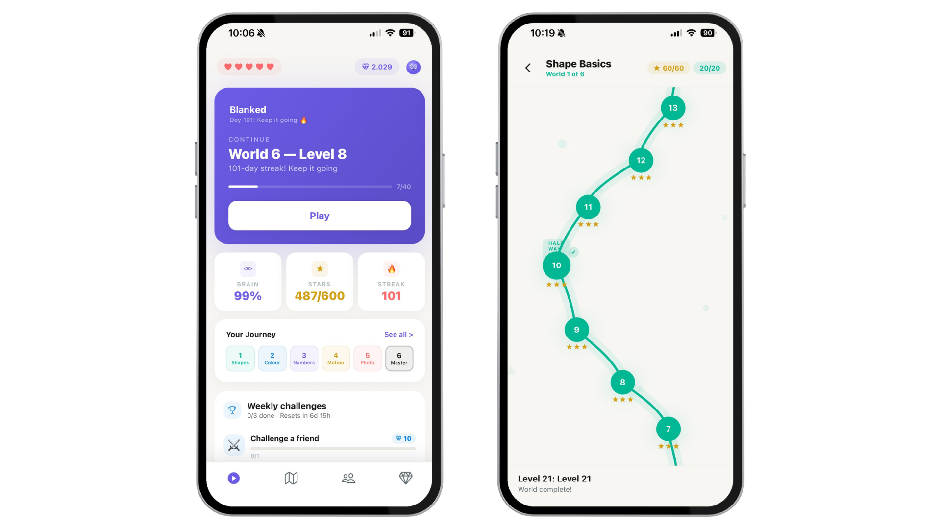 Blanked memory game app main screen showing Blink the purple mascot, world map with levels, and daily streak counter.