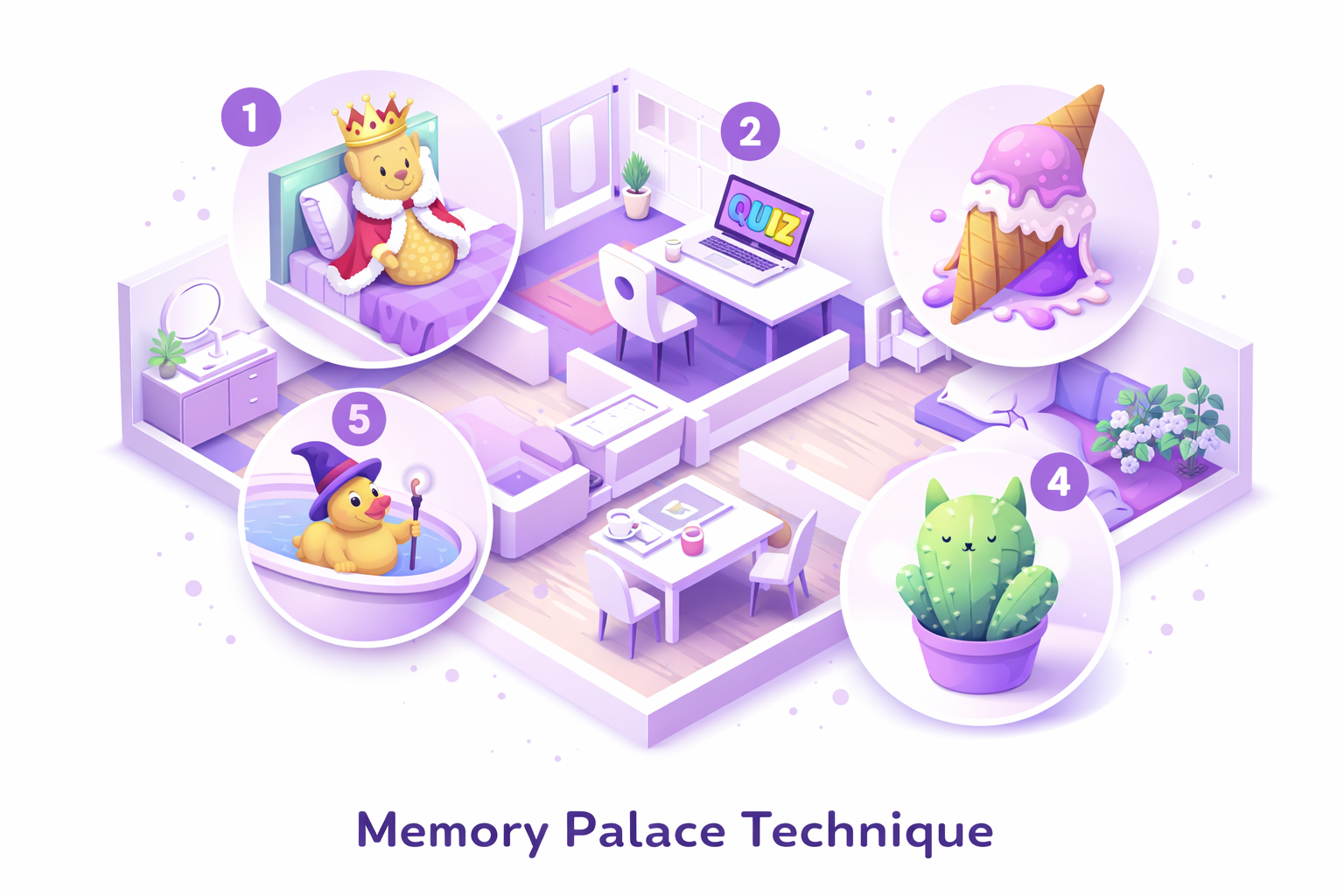 Illustration of the Memory Palace technique showing a house floor plan with numbered memory locations and vivid objects placed at each spot.