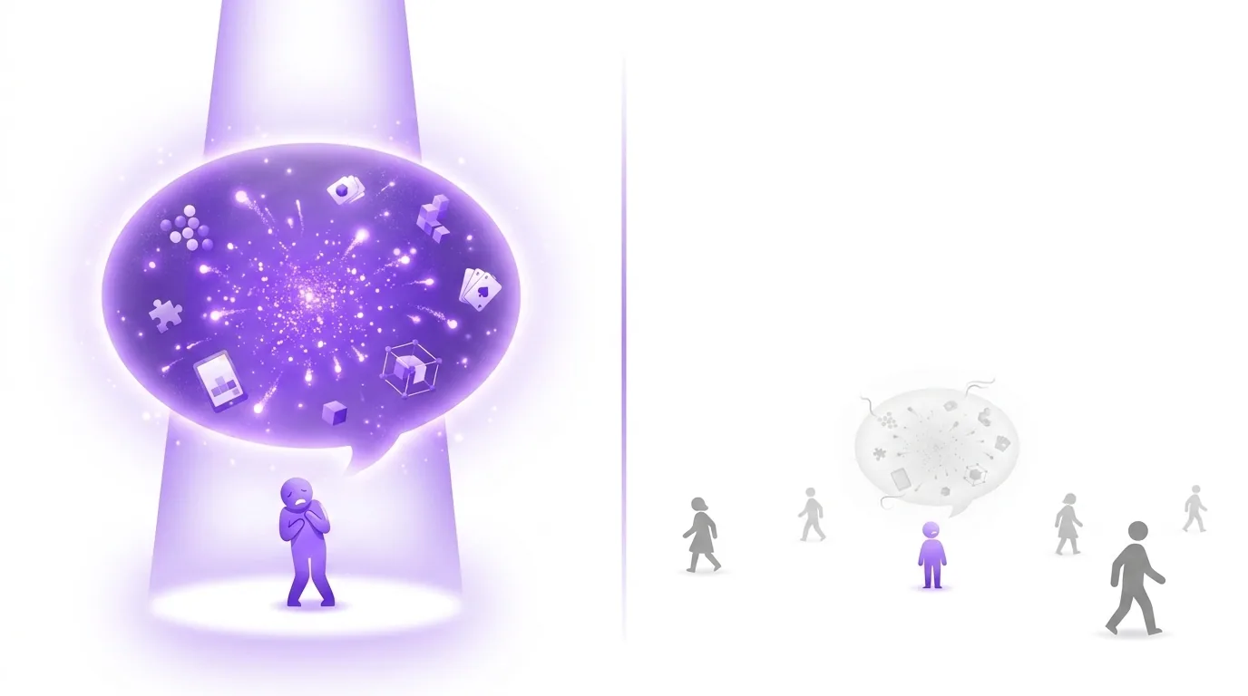 The spotlight effect behind why we cringe at old memories: on the left the embarrassing moment feels huge and vivid to you under a spotlight, on the right the same moment is tiny and forgotten as everyone else walks away
