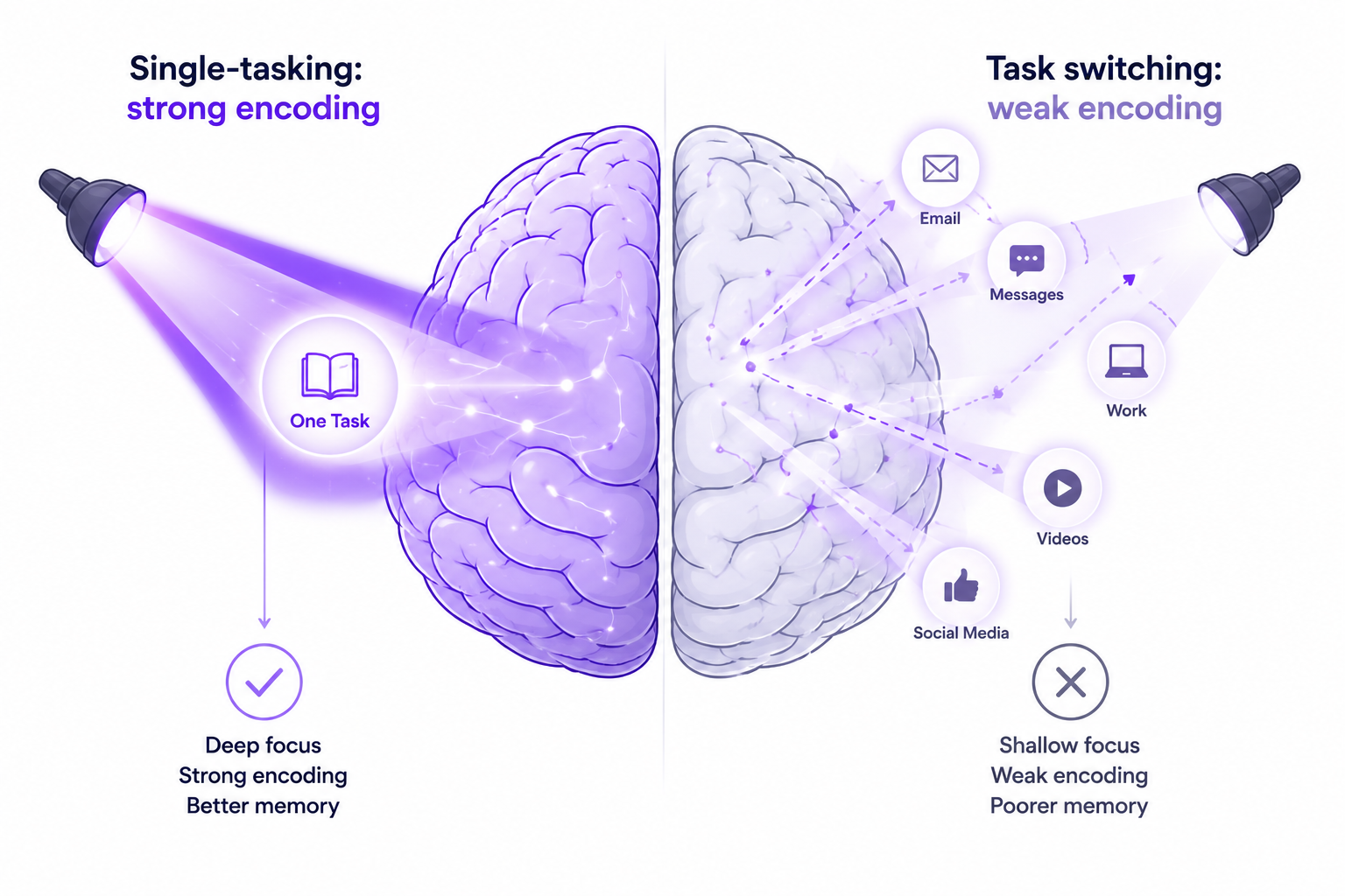 Brain comparison showing focused single-tasking creating strong memory encoding versus scattered task switching creating weak encoding.