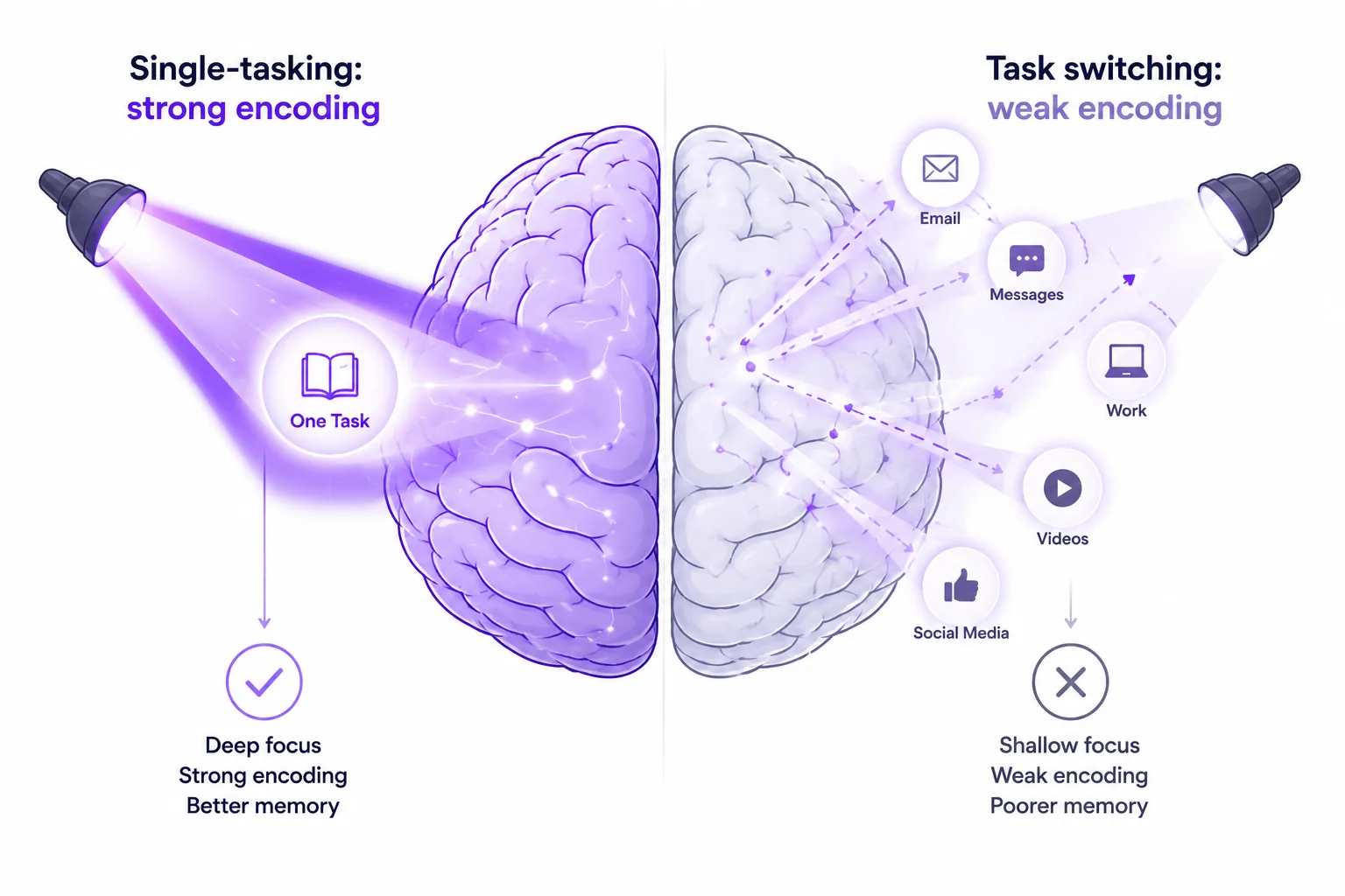 Brain comparison showing focused single-tasking creating strong memory encoding versus scattered task switching creating weak encoding.