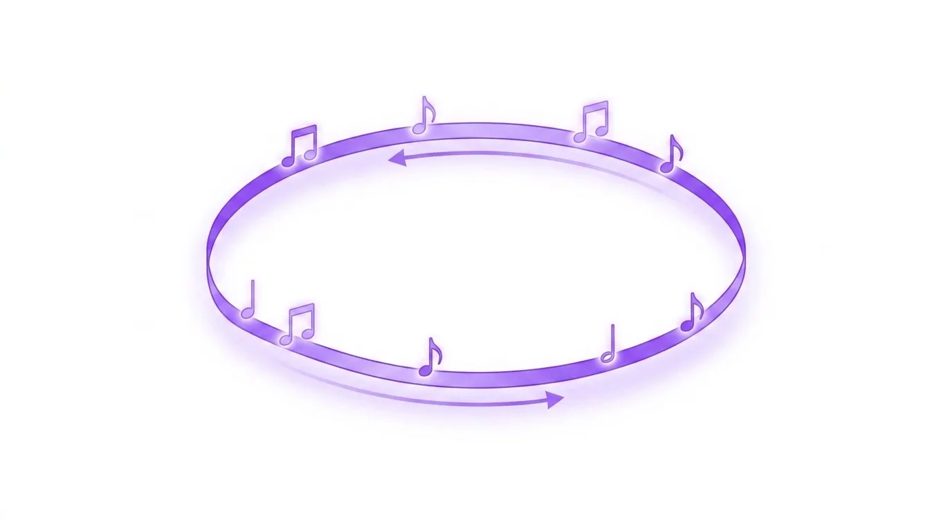 Diagram of why songs get stuck in your head: musical notes circling endlessly around a loop of tape, illustrating the phonological loop that keeps replaying an earworm