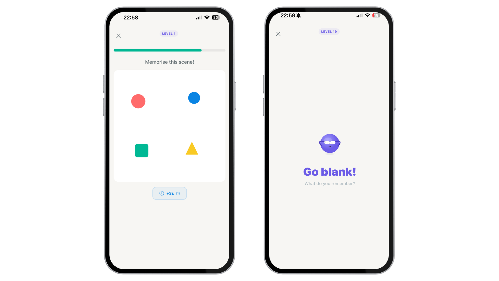 Blanked memory game screenshot showing a visual memory challenge with colourful shapes before the scene disappears.
