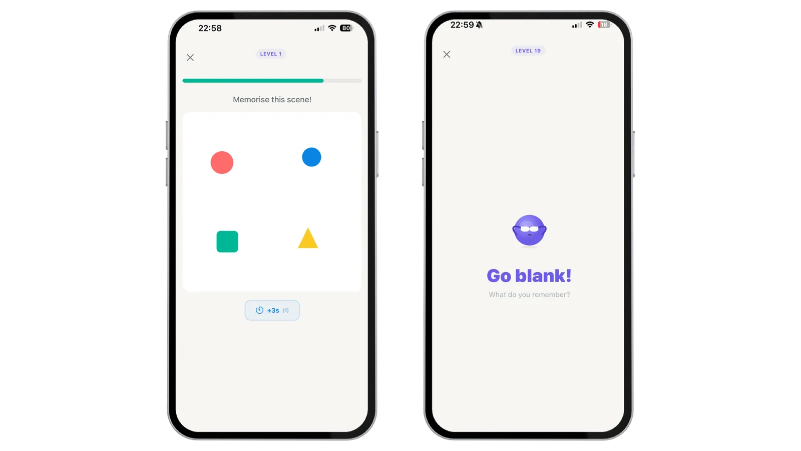 Blanked memory game screenshot showing a visual memory challenge with colourful shapes before the scene disappears.