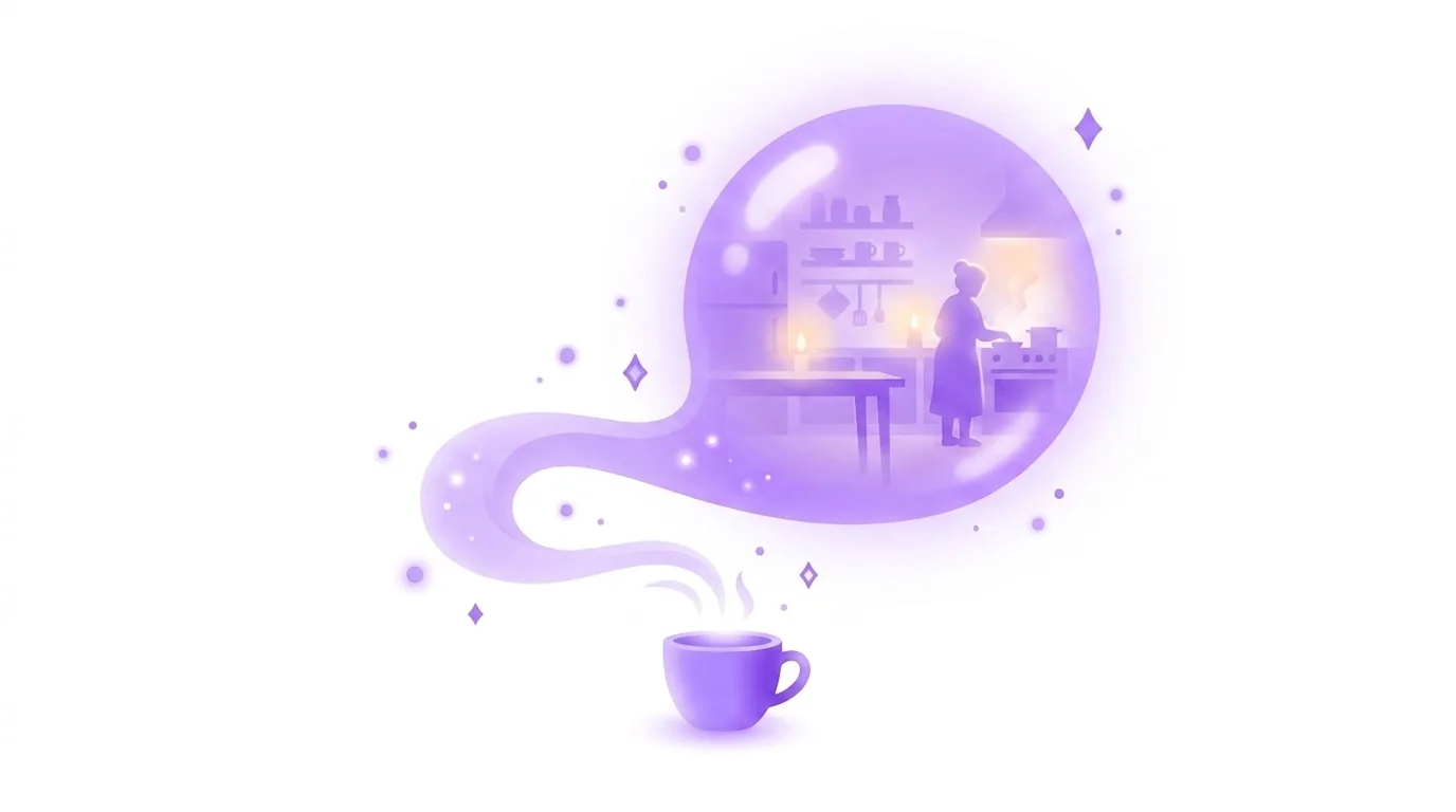 The Proust effect illustrated: the smell rising from a cup of tea unlocking a vivid childhood memory of a kitchen, showing how smells trigger autobiographical memories